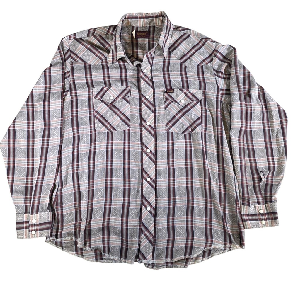 Wrangler Mens XL Pearl Snap Western Shirt Plaid Brown Tan Made in USA Vintage
